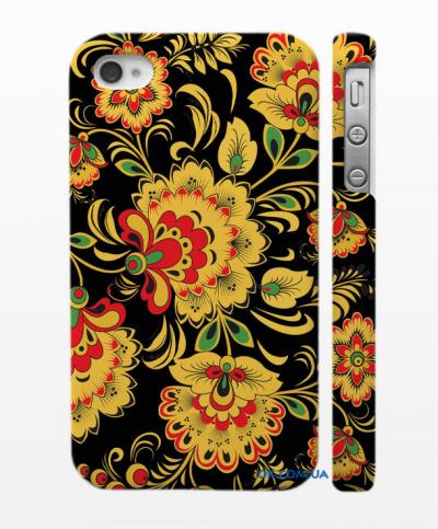 Женский чехол "Хохломская роспись" для iPhonе 4, 4S черный цвет